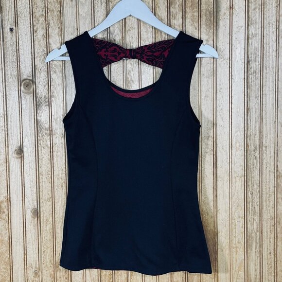 Maurices Black Red Rhinestone Bow Top Sleeveless Blouse Scroll Floral Small 4 6 - Picture 6 of 9